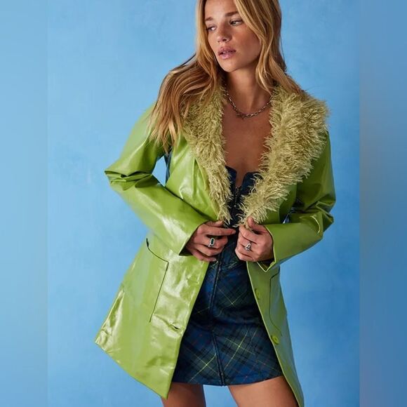 Daisy Street Green Faux Leather Fur Trim Coat Urban Outfitters ASOS Dolls Kill - Picture 1 of 7